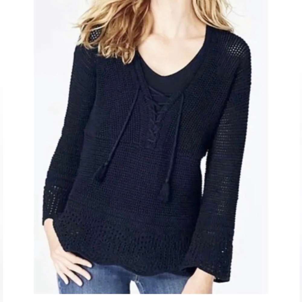 J Jill Navy Blue Lace-Up Knit V-Neck Sweater for Women SX M